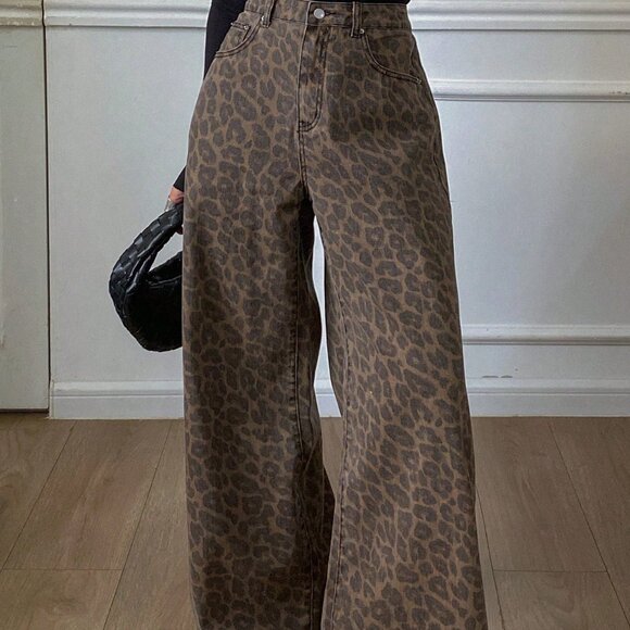 Coffee Brown Casual Women's Loose Leopard Print Cotton Pants - Picture 5 of 9